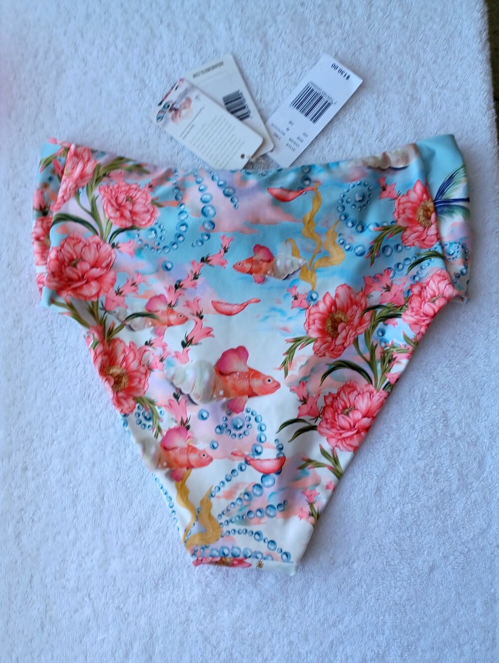 Agua Bendita Lily Nacar High-Waist  Floral & Fish Print Bikini Bottoms, Size S/M